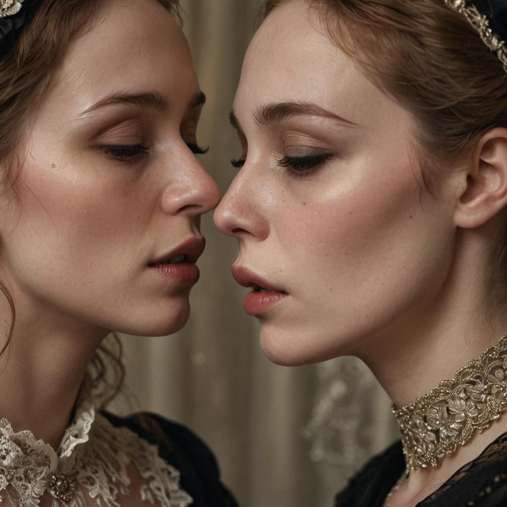 Victorian Women's Tender Kiss in Photorealistic Mourning Sce...