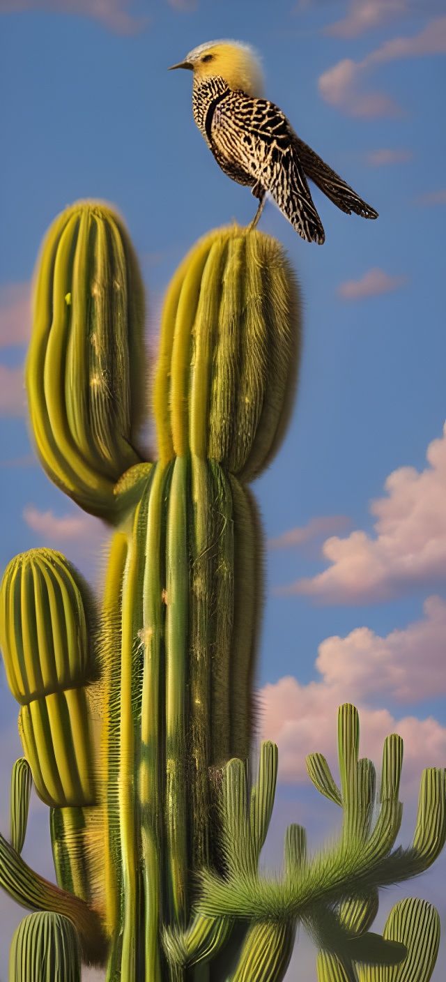 Golden Flickers on Saguaro Cactus: Photorealistic Landscape