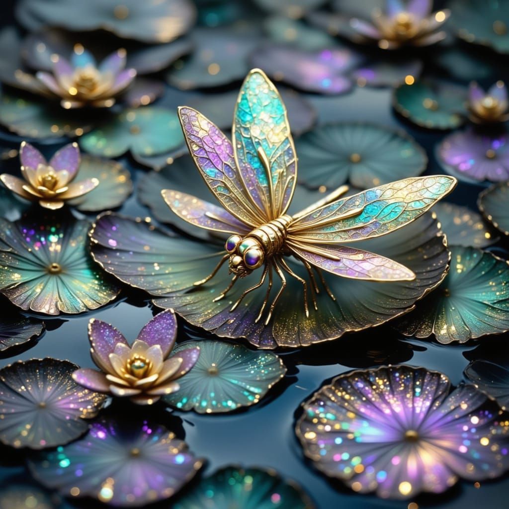 Jewel-Encrusted Dragonfly on Lily Pad in Pastel Gradient