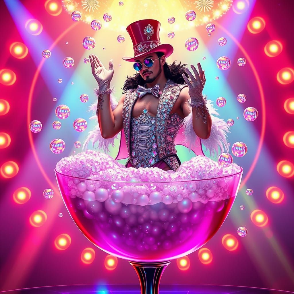 Cyberpunk Burlesque Dancer in a Goblet of Iridescent Bubbles