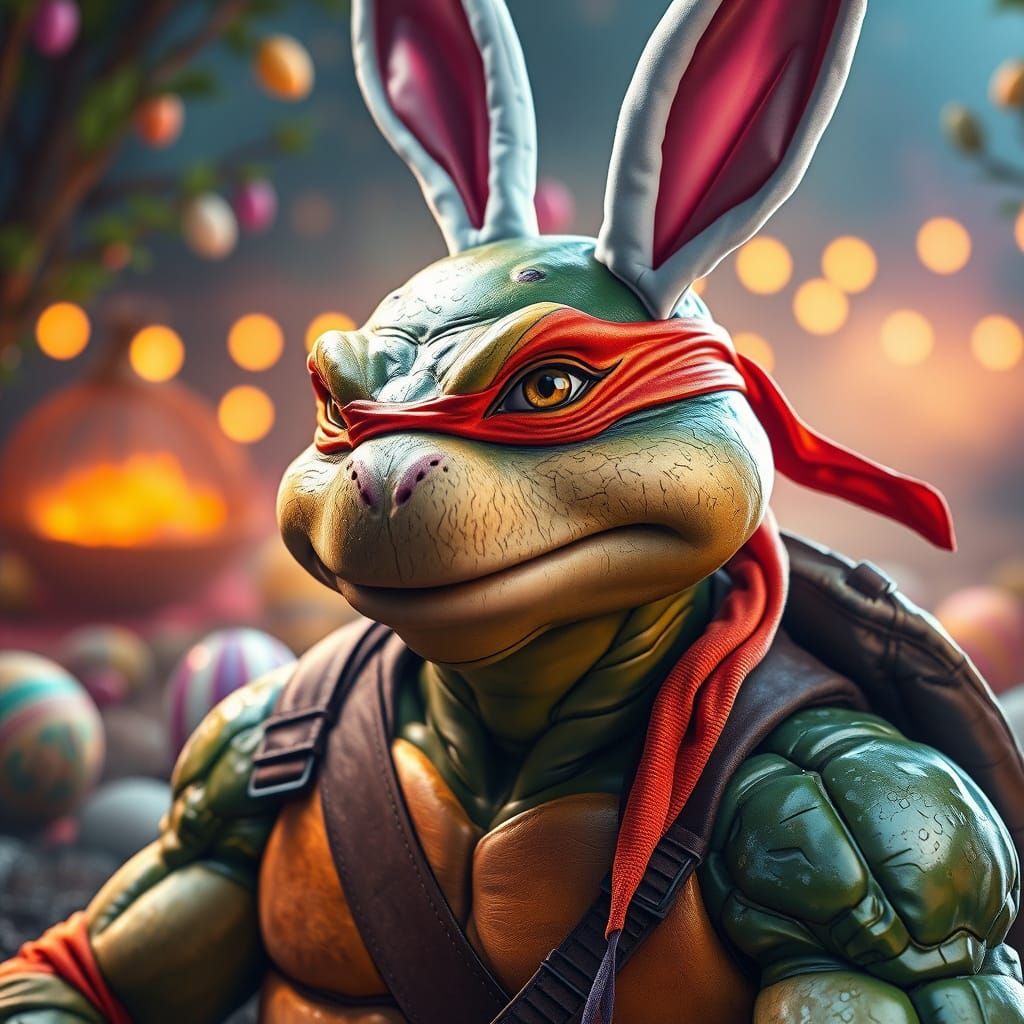Donatello in Whimsical Easter Scene, Hyperrealistic TMNT Art