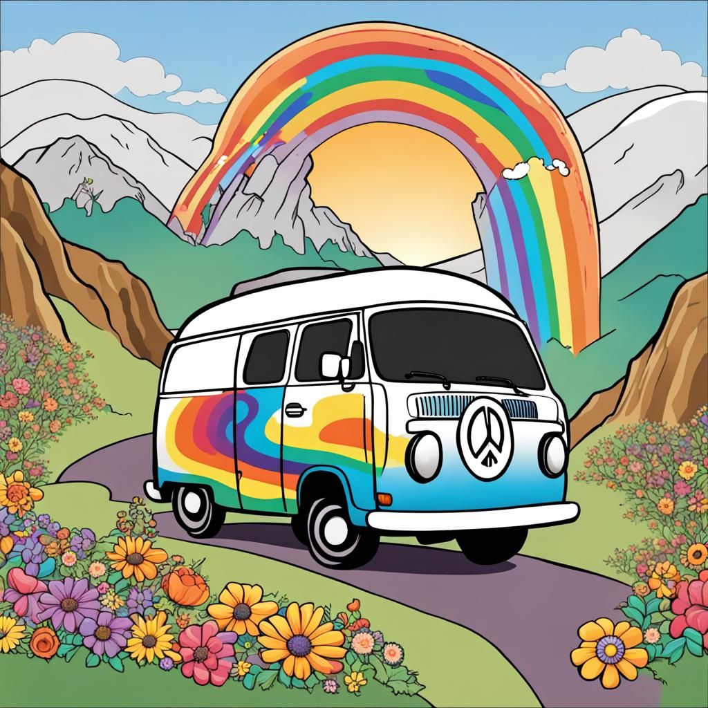 Cartoon Hippie Van Driving Through Mountains with Rainbow