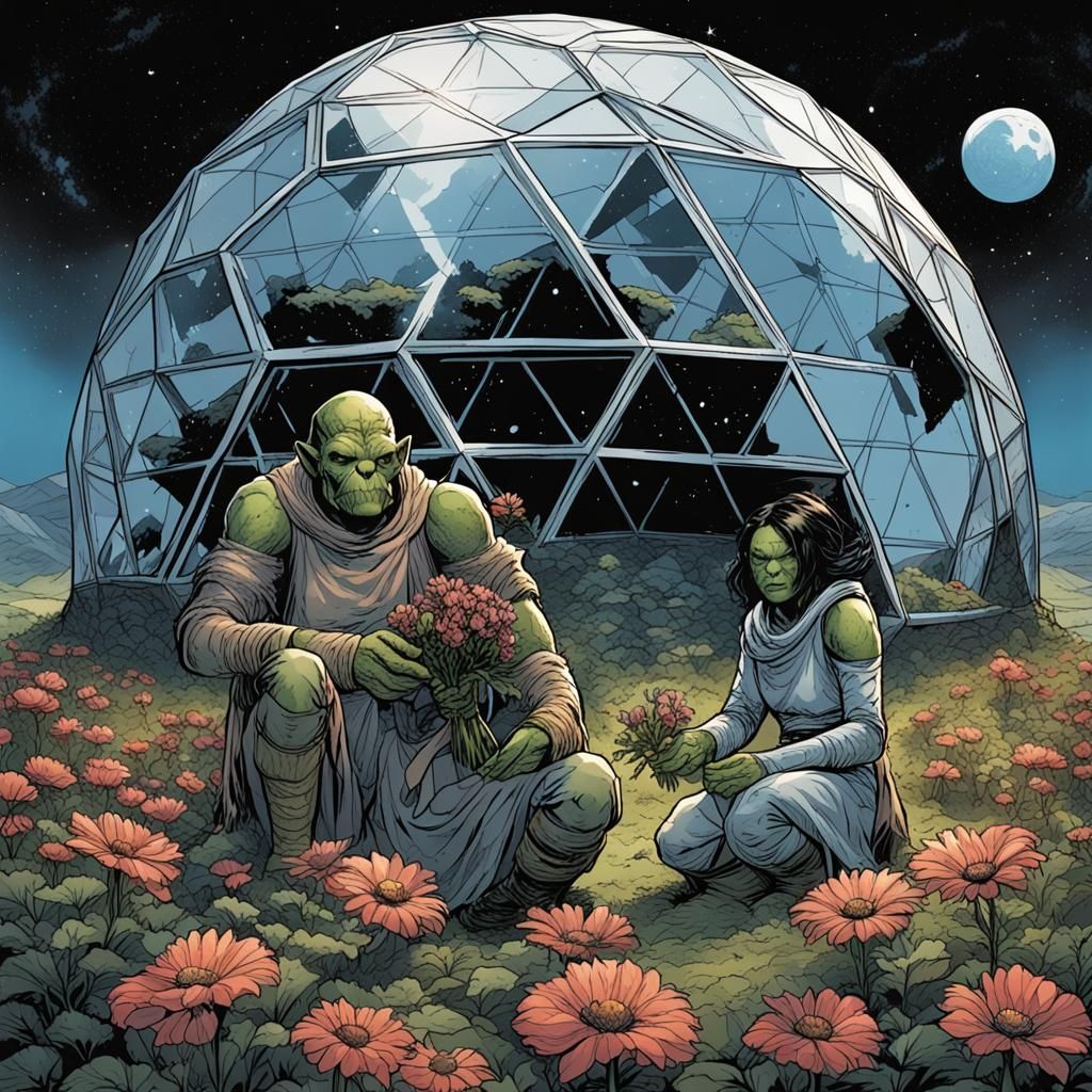 Orc Jedi Tend Lunar Flowers in Biodome: Comic Art