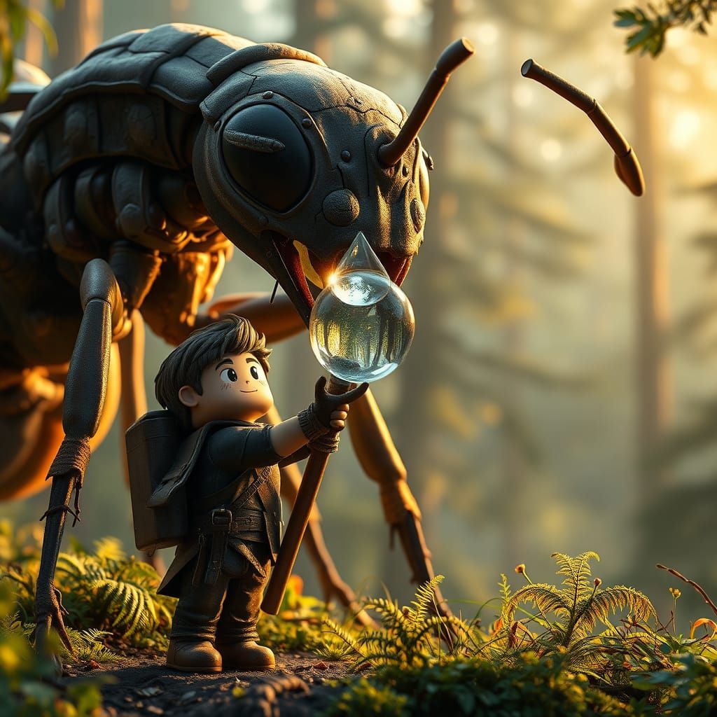 Realistic Minecraft Steve Marvels at Majestic Ant and Dewdro...