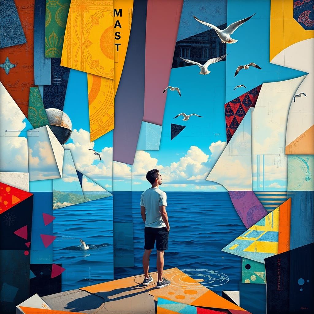 Seaside Figure Observes Birds in Cubist Fauvist Style