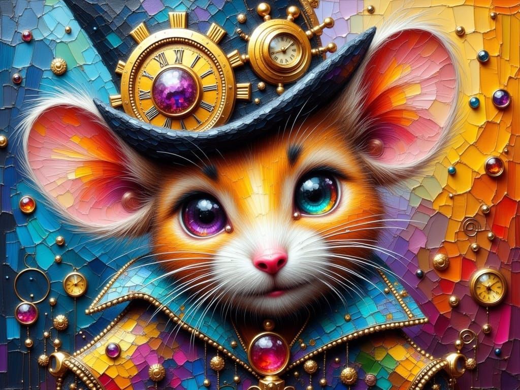 Steampunk Mouse Jester in Vibrant Impasto Oil Canvas
