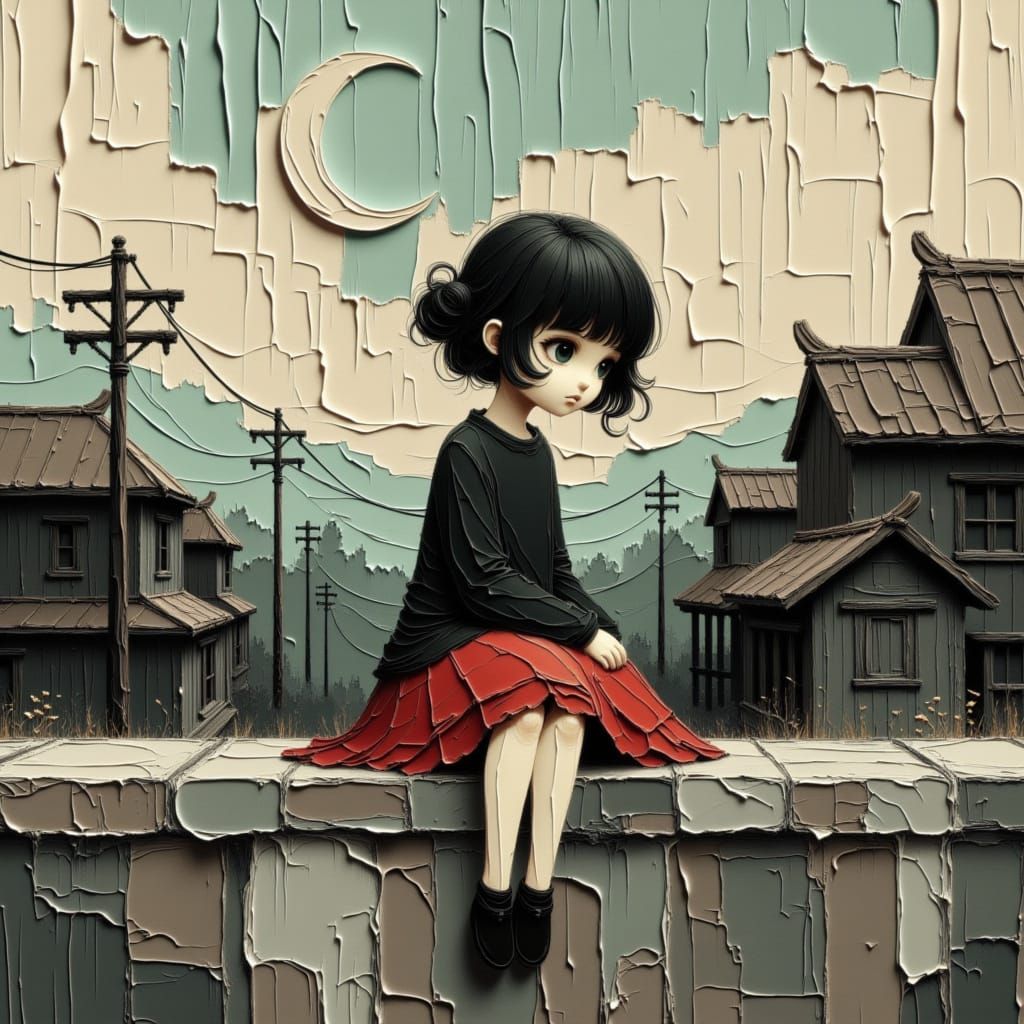 Melancholic Anime Girl in Rural Japan, Painterly Style