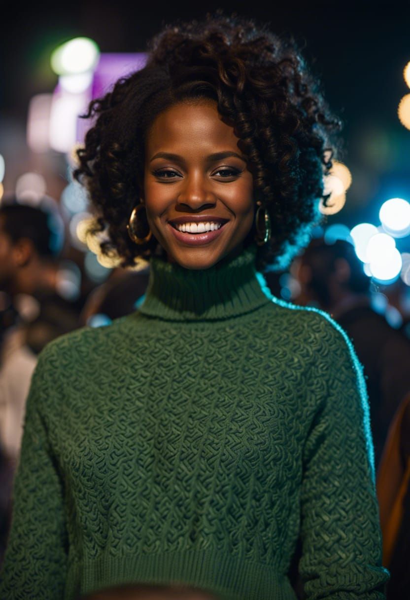 Joyful Woman at Street Party: Hyperrealistic Portrait