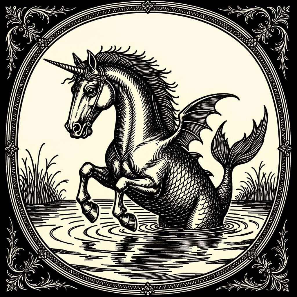 Medieval Woodcut Kelpie: Horse-Fish Hybrid