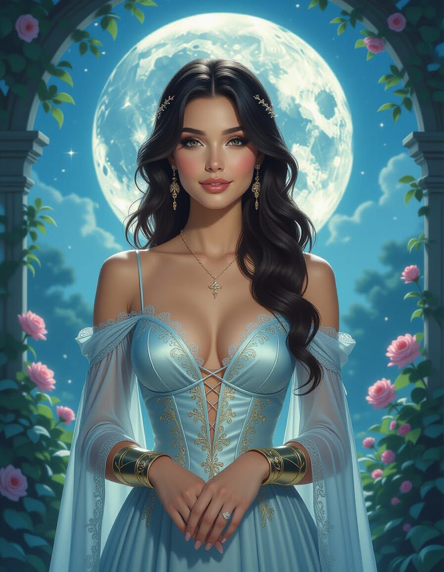 Ethereal Woman in Moonlit Garden Digital Painting