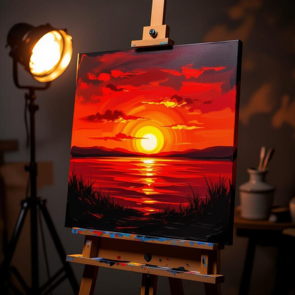 Matte Sunset Painting With Golden Highlights and Grunge Styl...