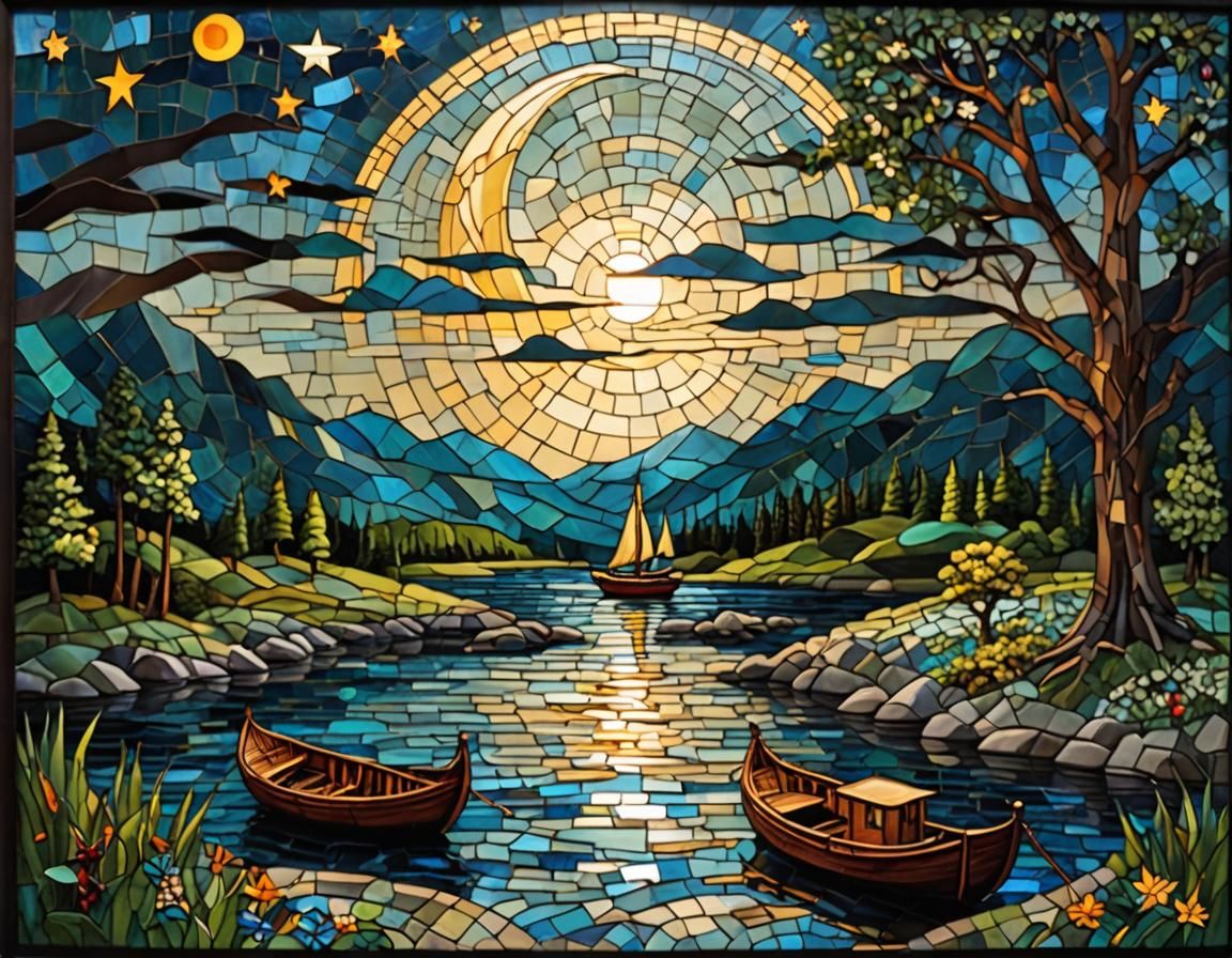 Mosaic Stained Glass Dreamscape with Full Moon