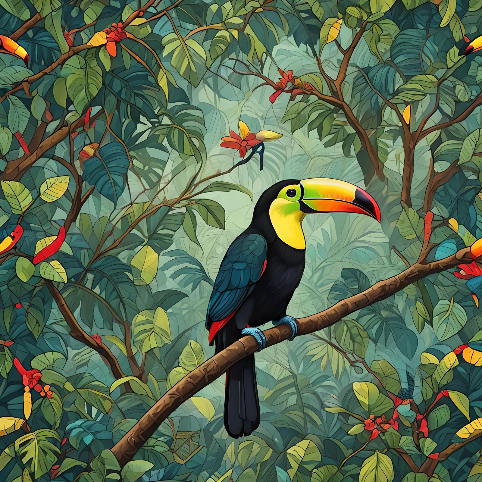 Vibrant Keel-Billed Toucan Portrait in Abstract Art