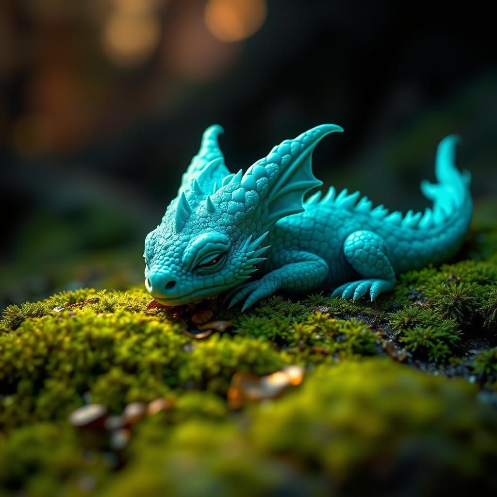 Neon Teal Dragon in Mossy Forest: Hyperrealistic Art