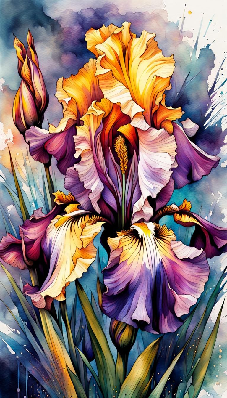 Epic Two-Tone Bearded Iris Ink Illustration