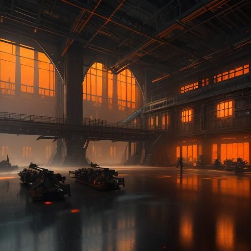 Industrial Forge Factory Interior in Orange and Teal