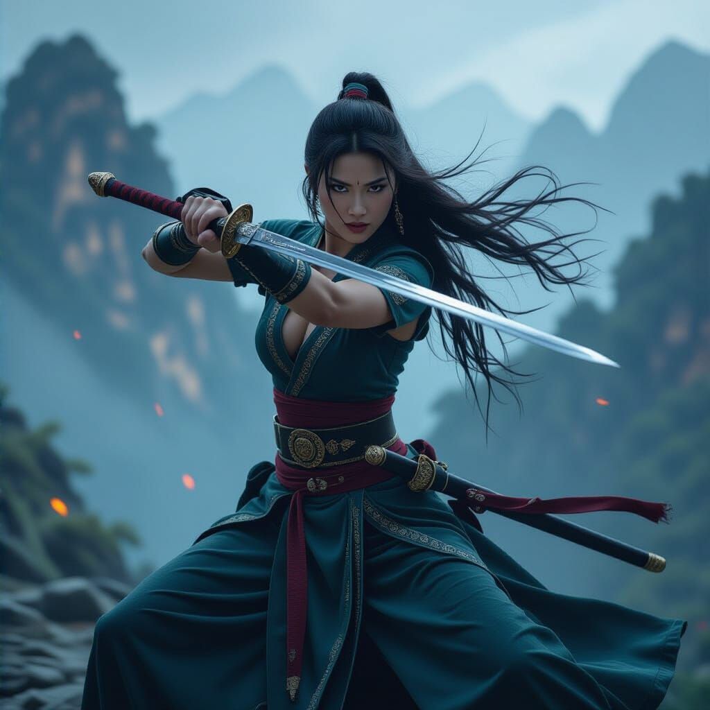 Asian Fantasy Warrior in Whirlwind Attack: Cinematic Film St...