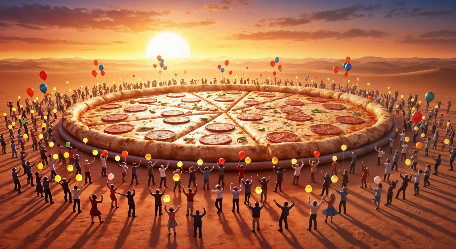 Giant Pizza Festival in Desert: Pop Surrealism Style