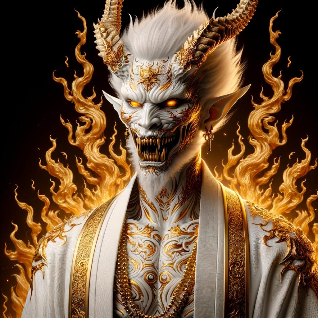White Demon with Golden Tattoos in Flames