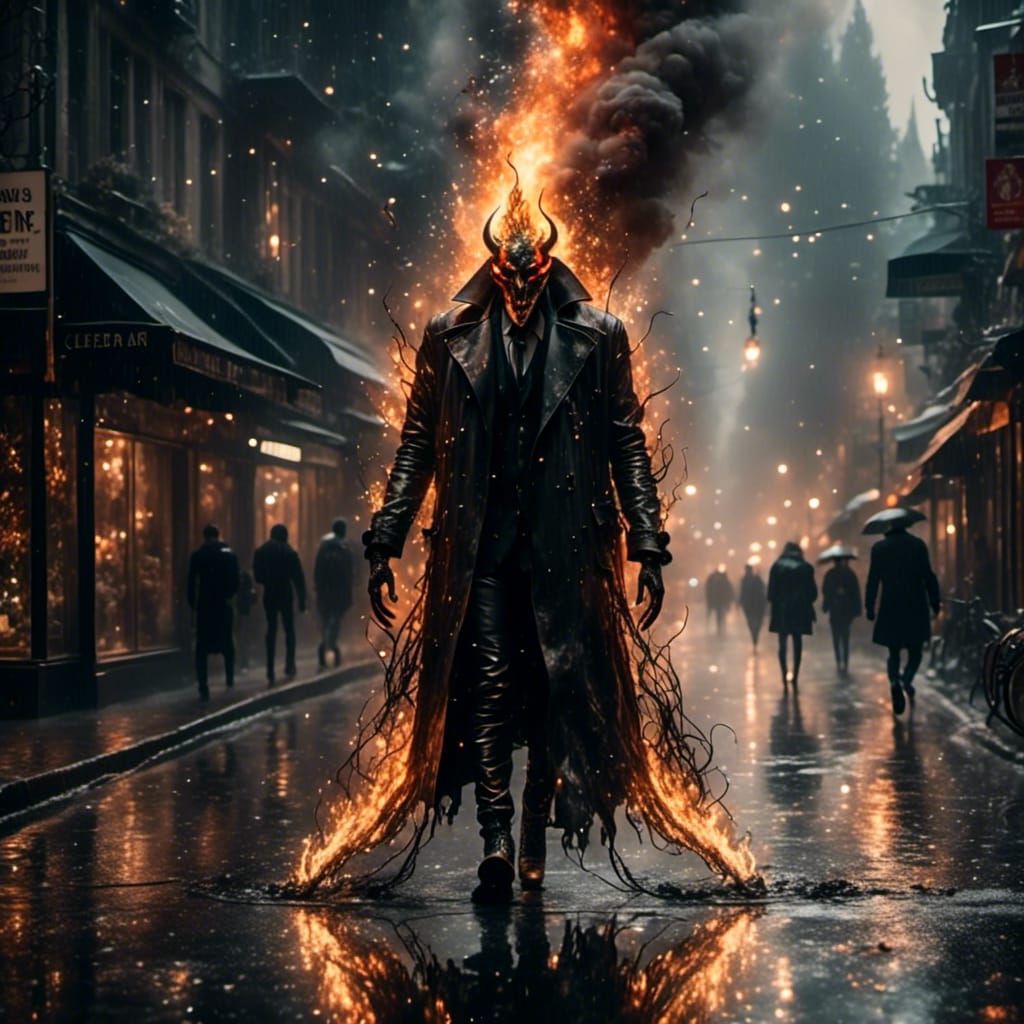Cyberpunk Demon in Flames Walking Down Dark Street