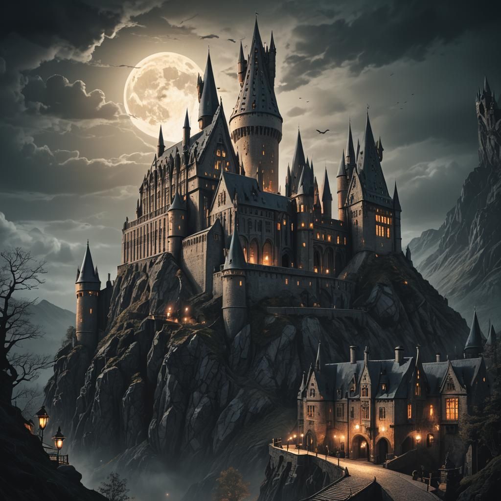 Moonlit Hogwarts with Wolf Shadow: Fantasy Matte Painting
