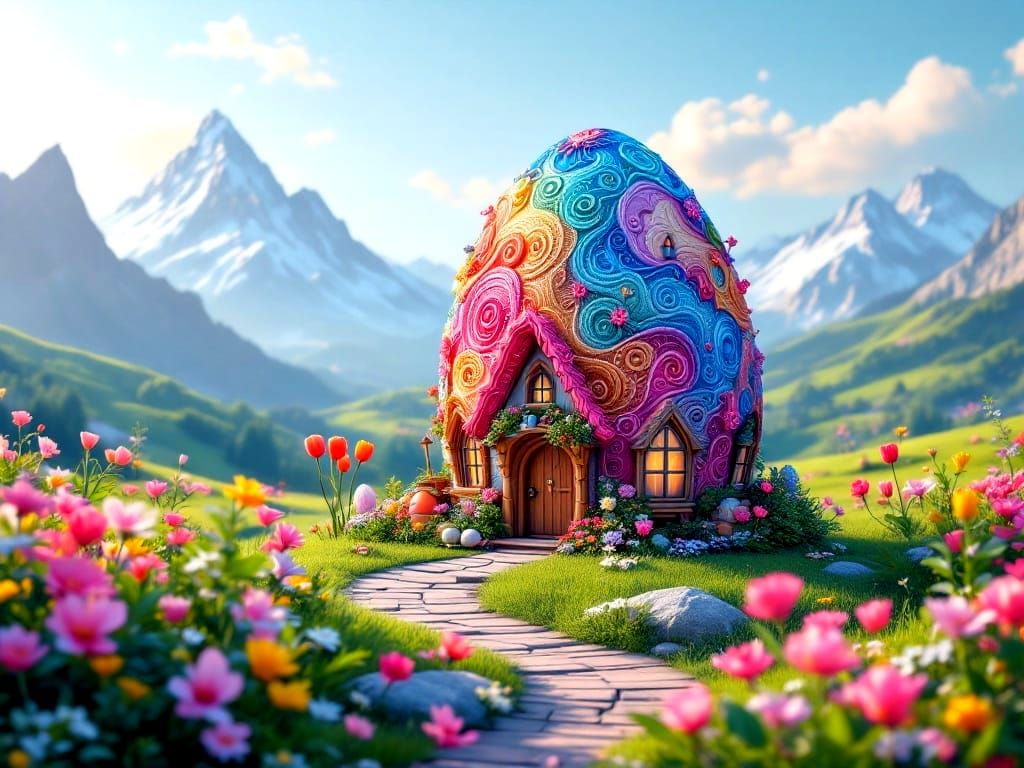 Vibrant Easter Egg House Amidst Spring Blooms in a Serene Va...