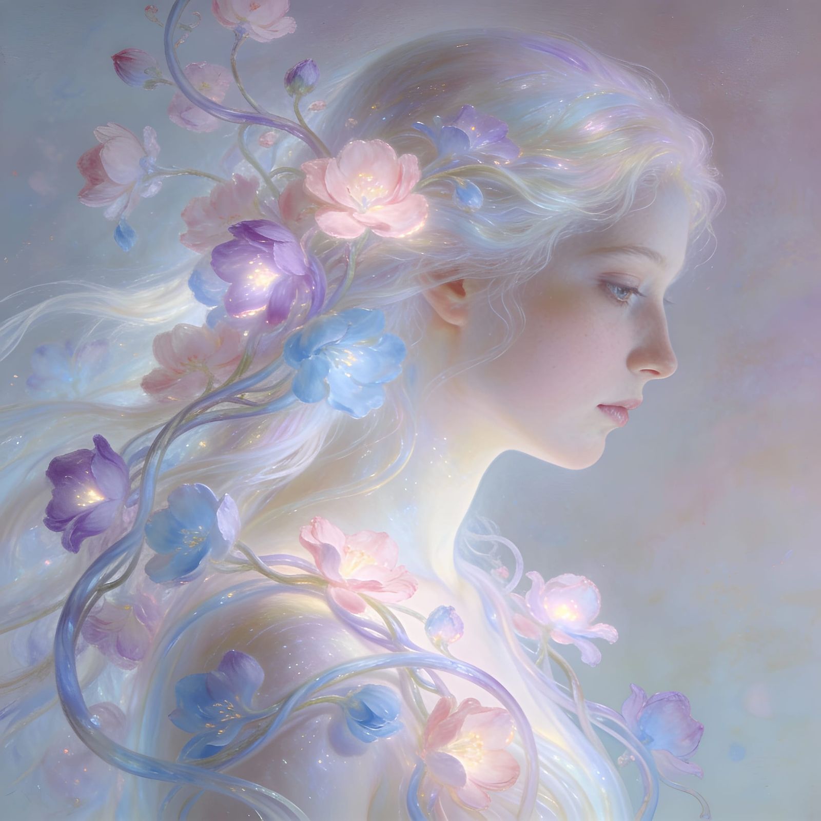 Ethereal Nordic Woman Surrounded by Pastel Blossoms in Dream...