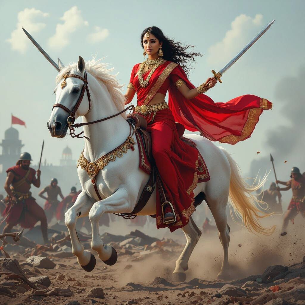 Indian Warrior on Horseback in Battlefield Scene