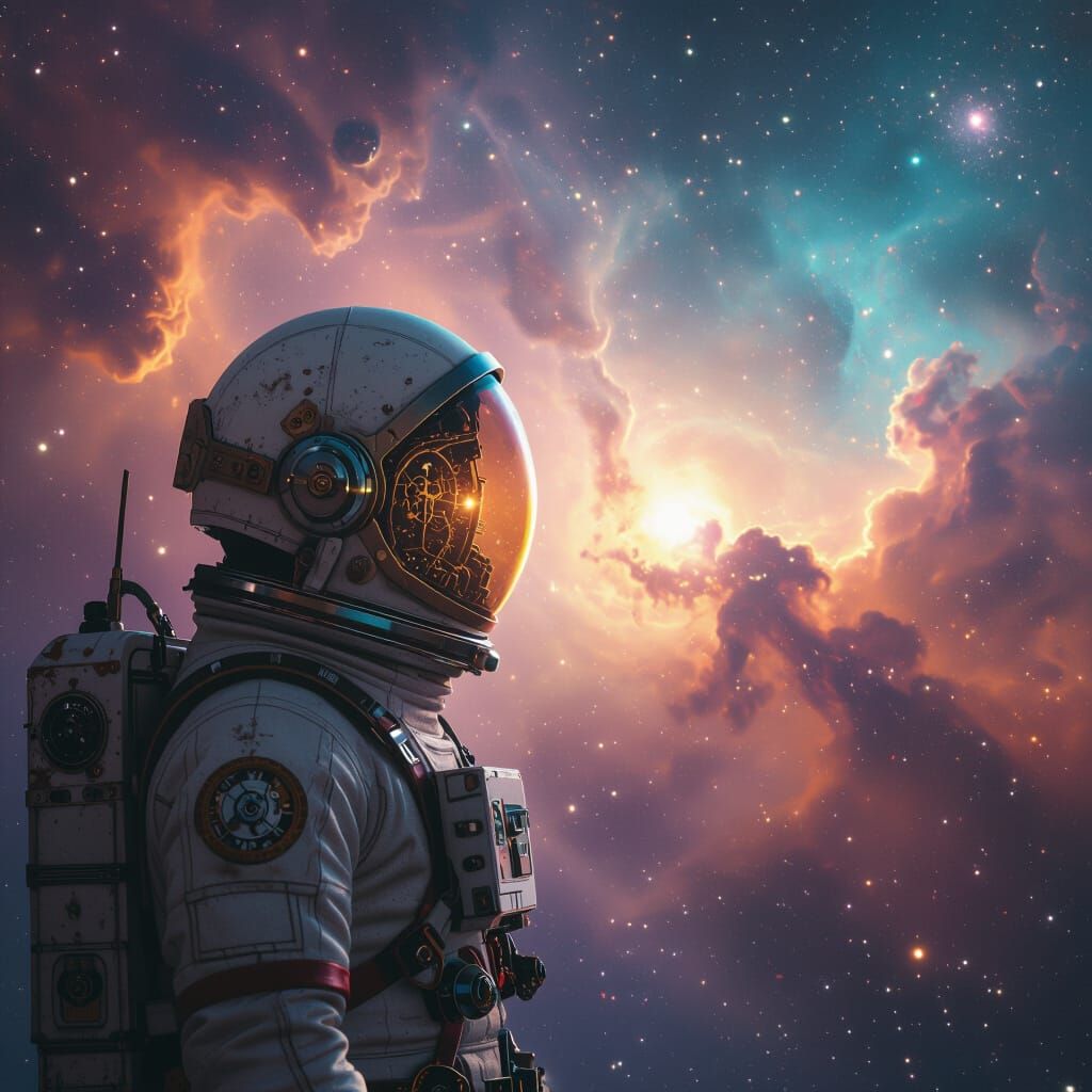 Steampunk Astronaut Gazing at Cosmic Nebula