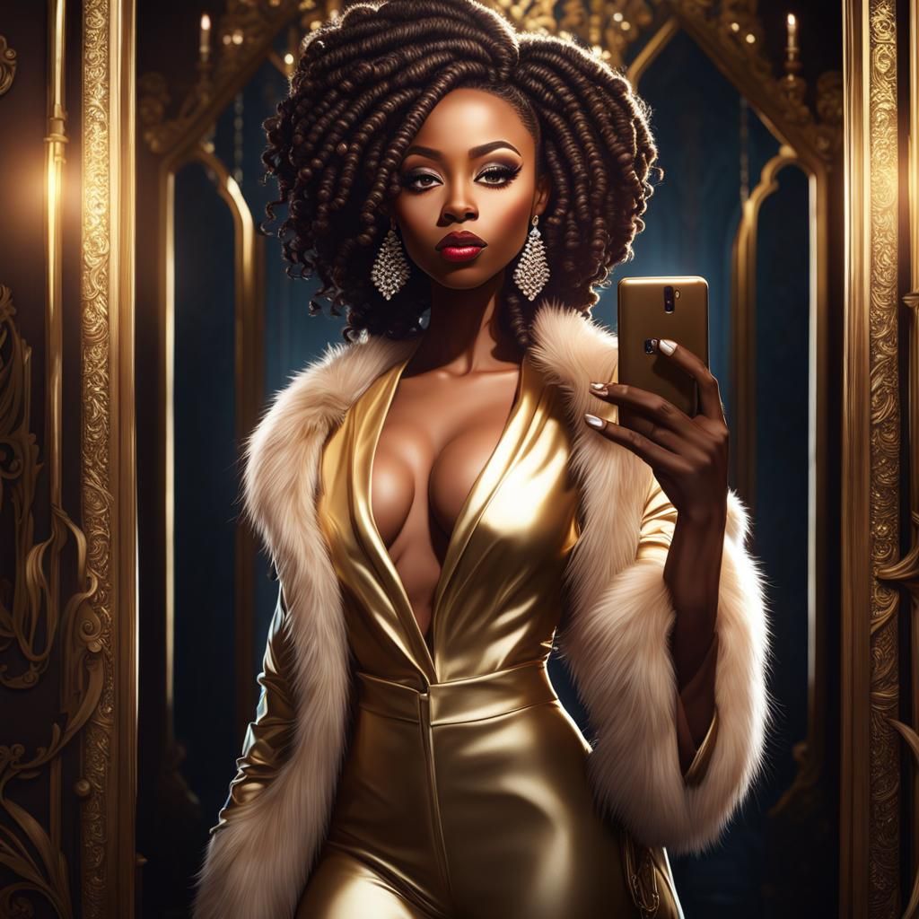 Hyperrealistic Chibi Woman Taking Selfie, Digital Art