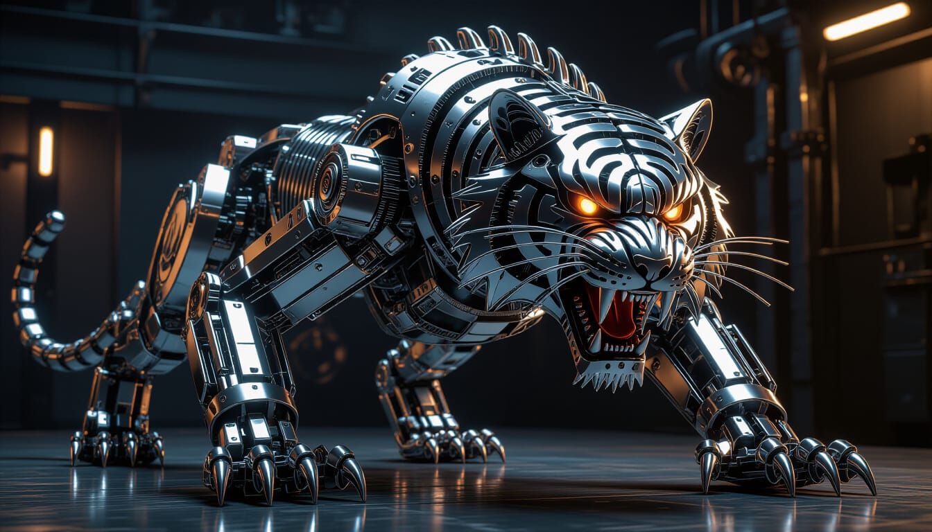 Furious Mechanical Tiger of Brushed Silver Metal