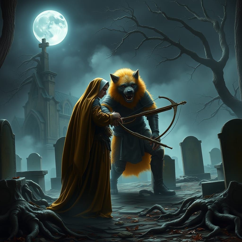 Monster Hunter Guards Nun from Werewolf in Ruined Churchyard