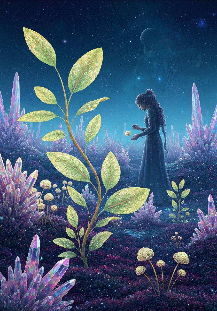 Cosmic Herbalist Tends Glowing Plants on Alien Planet