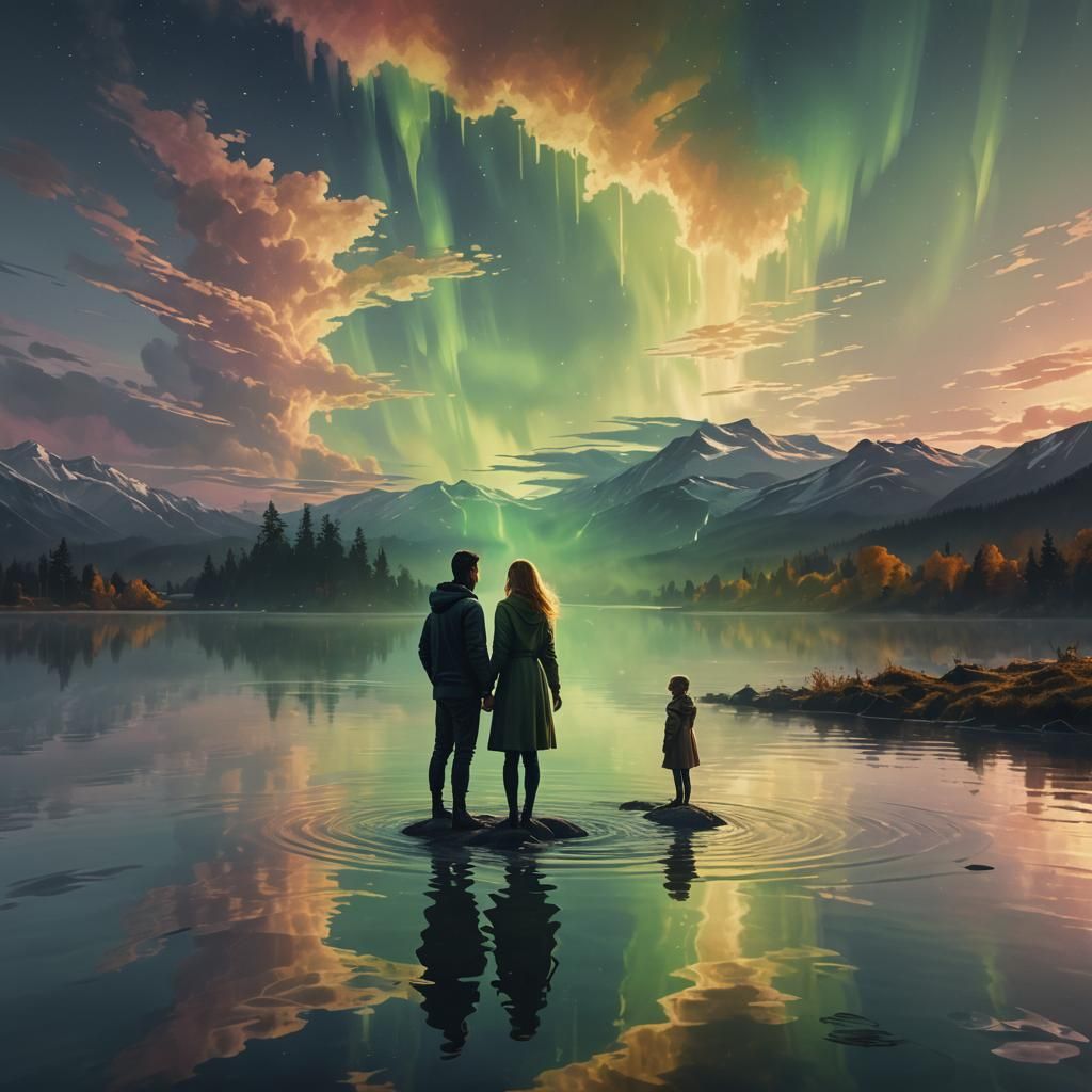 Figures in Lake at Sunset, Hyperrealistic Digital Art