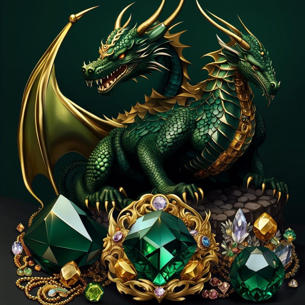 Dragons, surrounding the big pile of golden jewels , jewelry and crystals