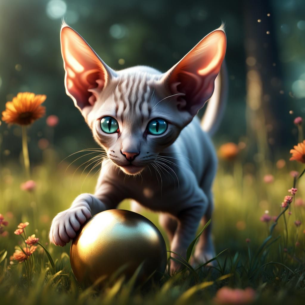 Peterbald Kitten Playing: Detailed Digital Art