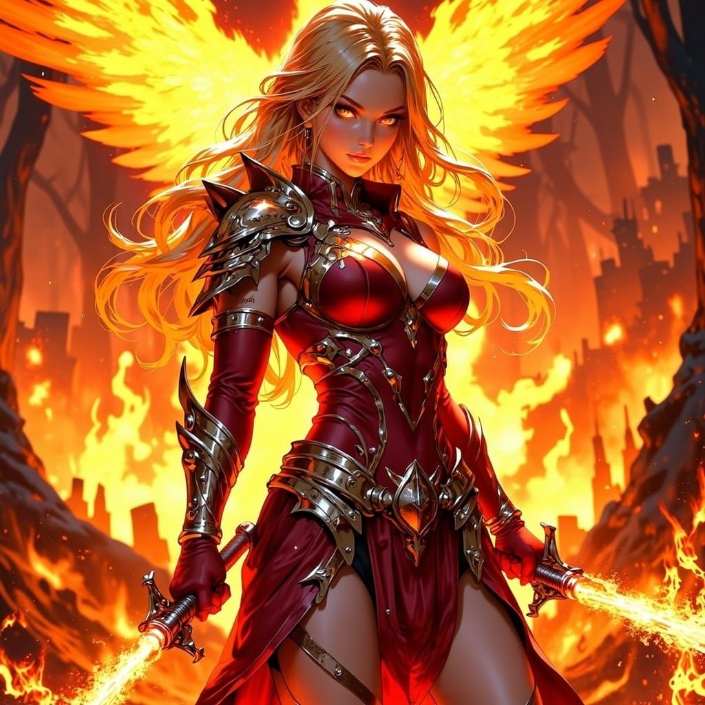 Anime Fire Warrior with Flaming Swords on Battlefield