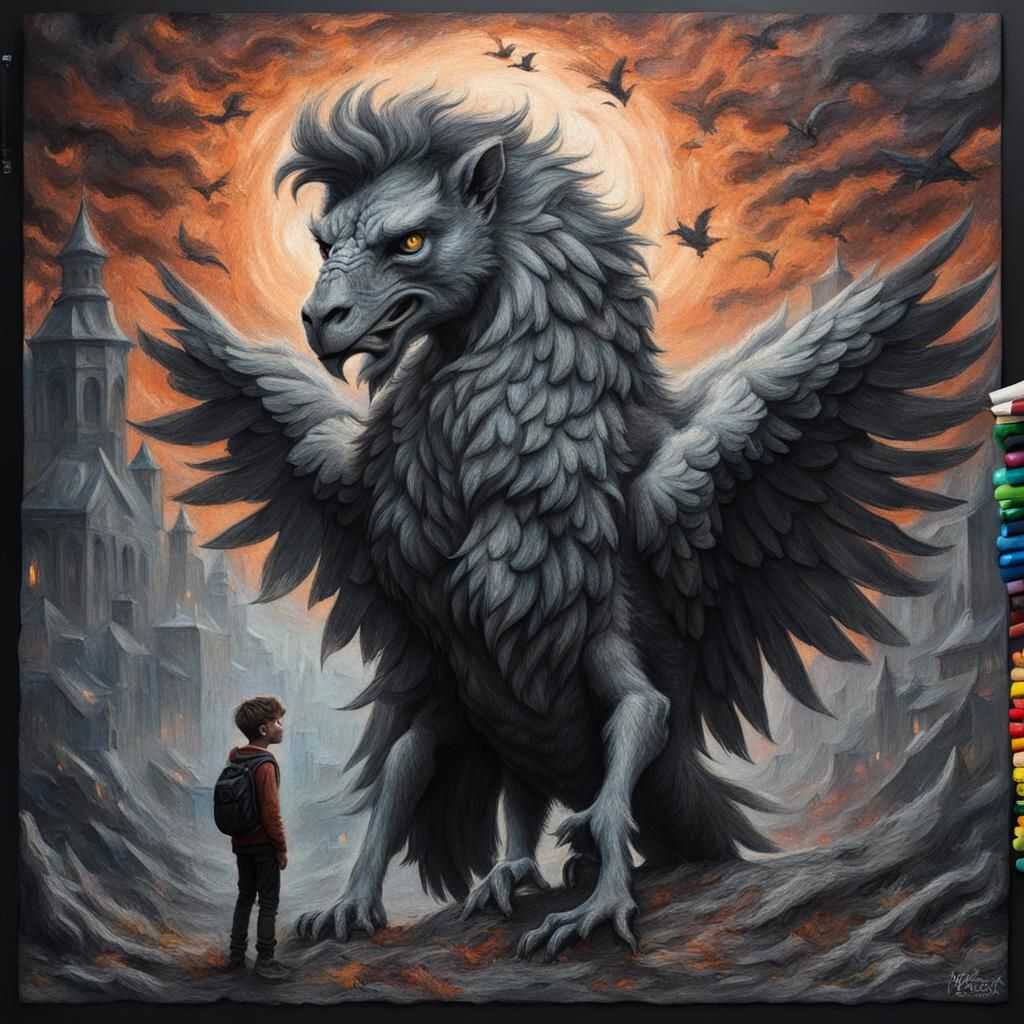 Boy and Griffin in Impressionistic Chalk Art