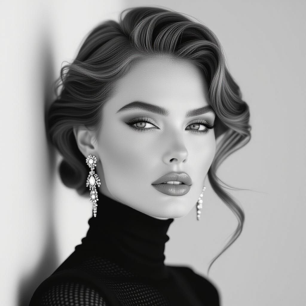 A glamorous, high-contrast, black and white photograph of a ...