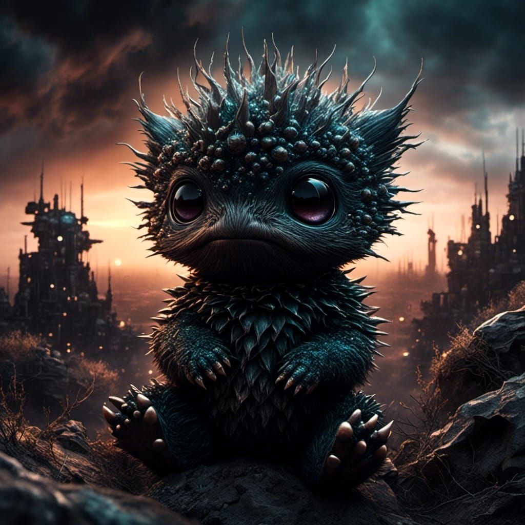 Adorable Fluffy Creature in Dystopian Trashpunk Landscape