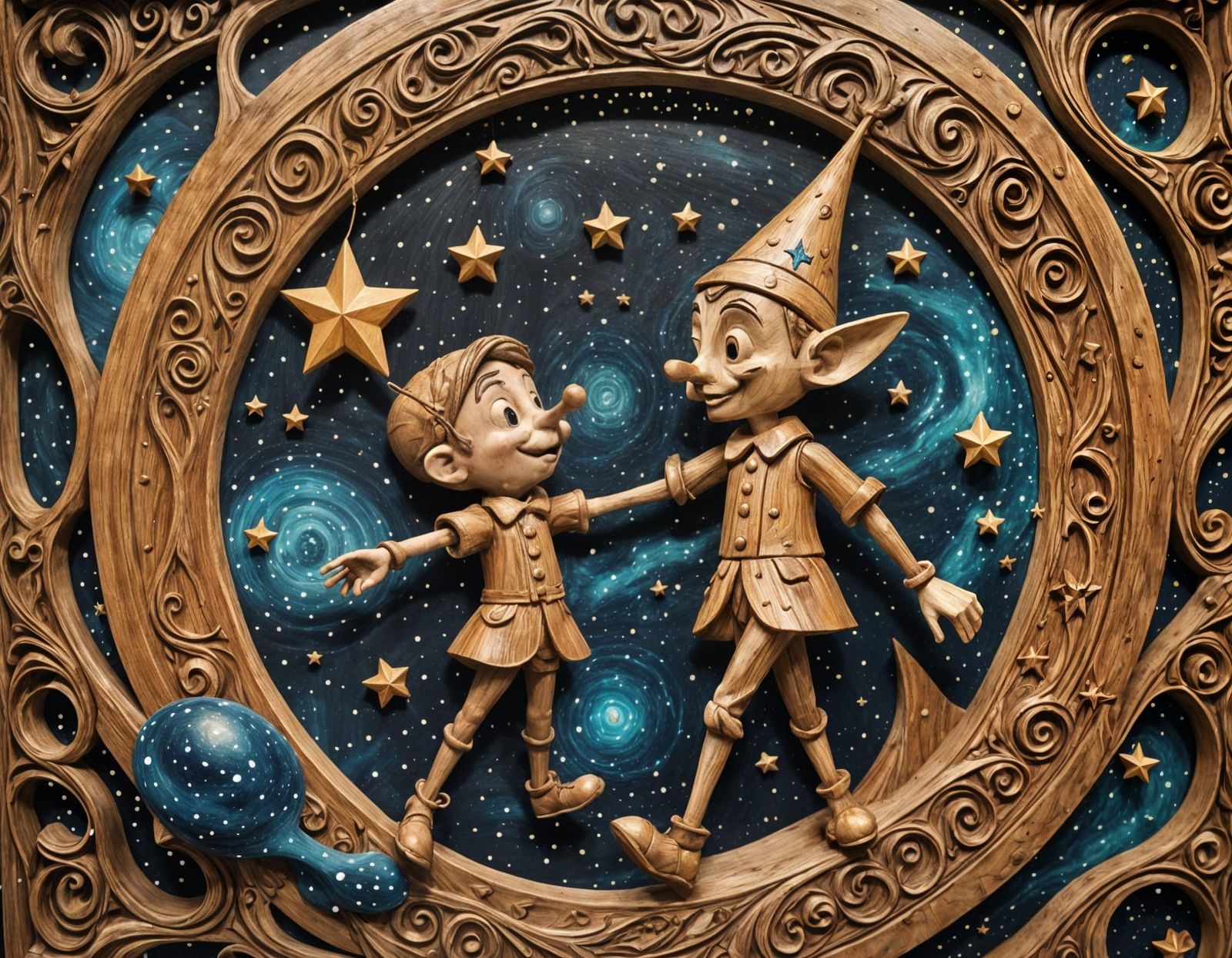 Celestial Pinocchio Wood Carving Floating in Space