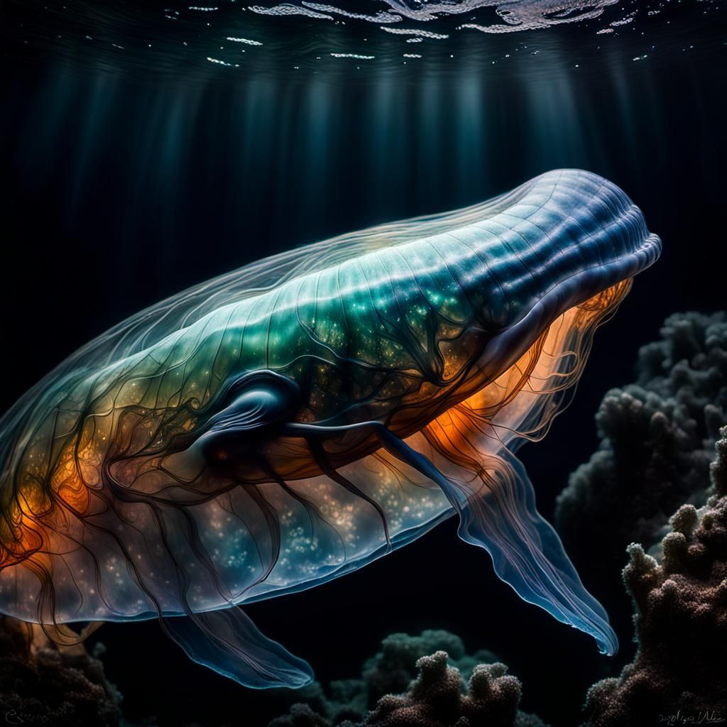 Glass Whale Glides Through Bioluminescent Ocean