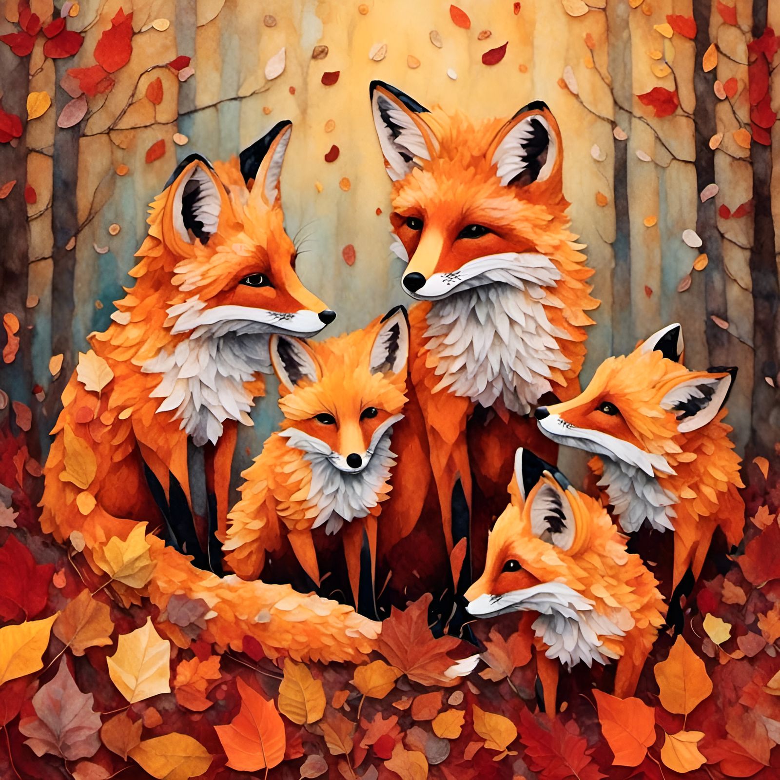 Fox Family Cuddles in Autumn Leaves