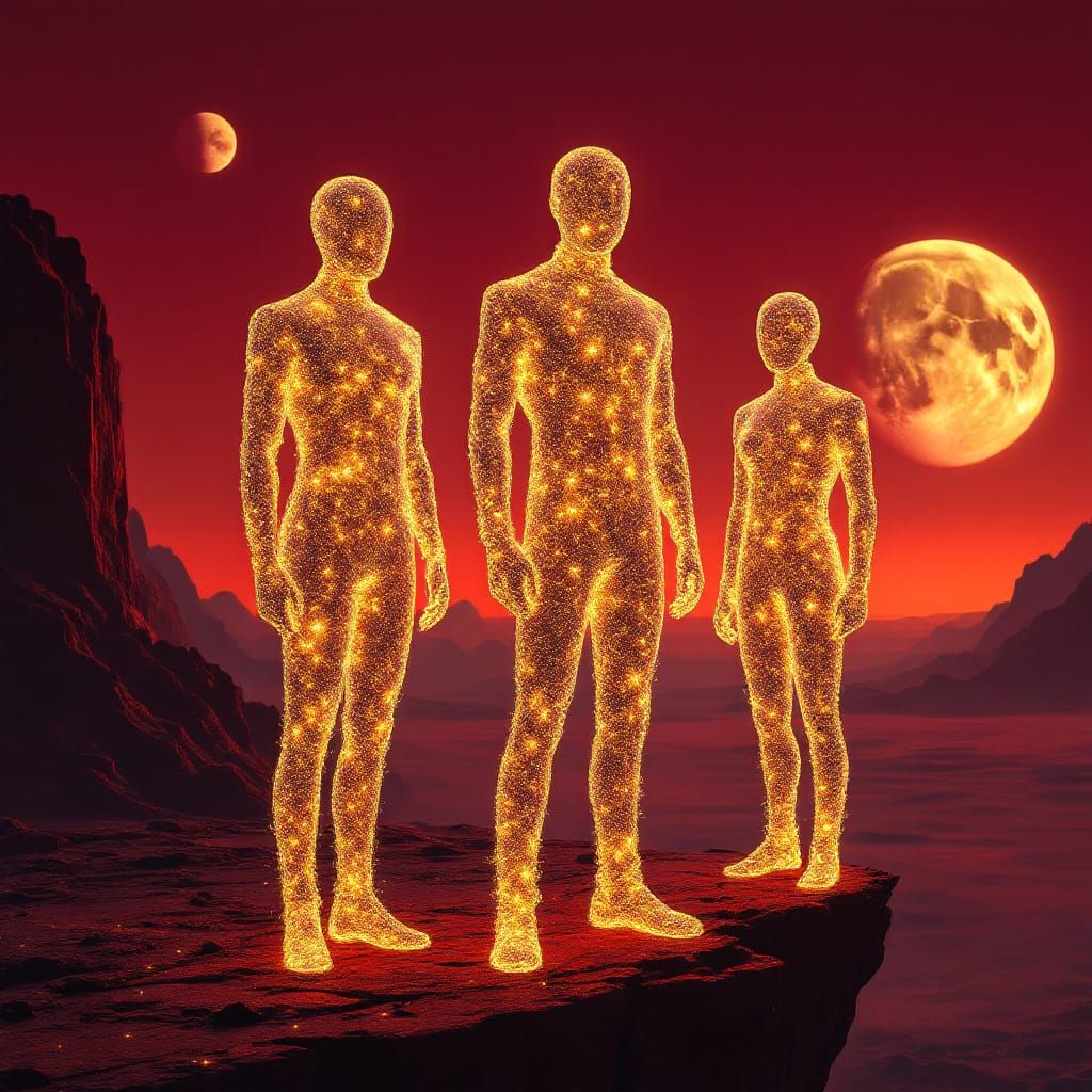 Glittering Silhouettes on Alien Planet with Red Sky