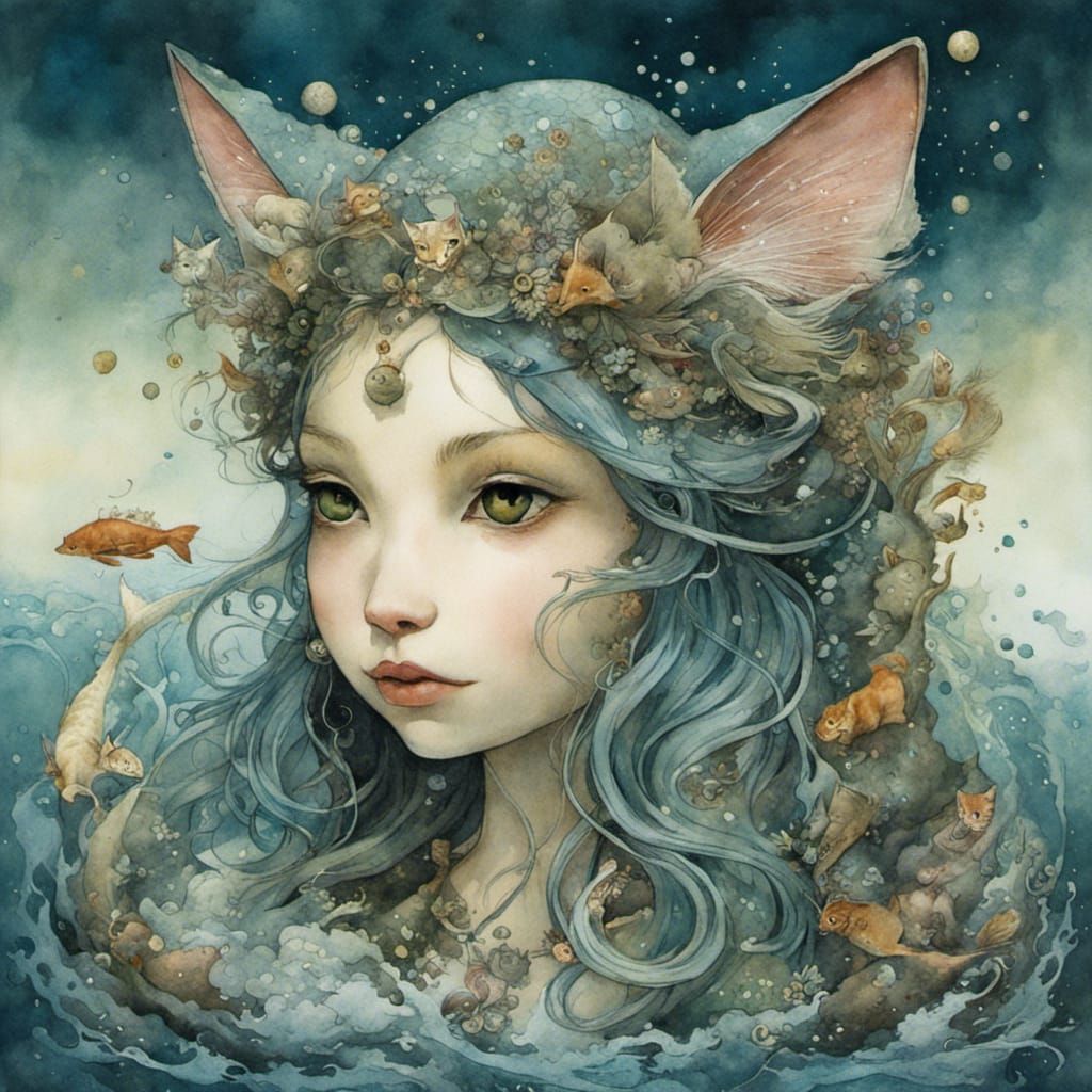 Cat Mermaid Watercolour Painting in Painterly Style