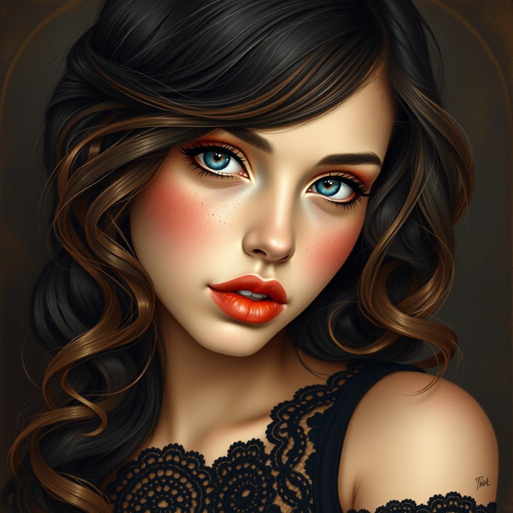 Woman with Black Hair in Art Nouveau Style