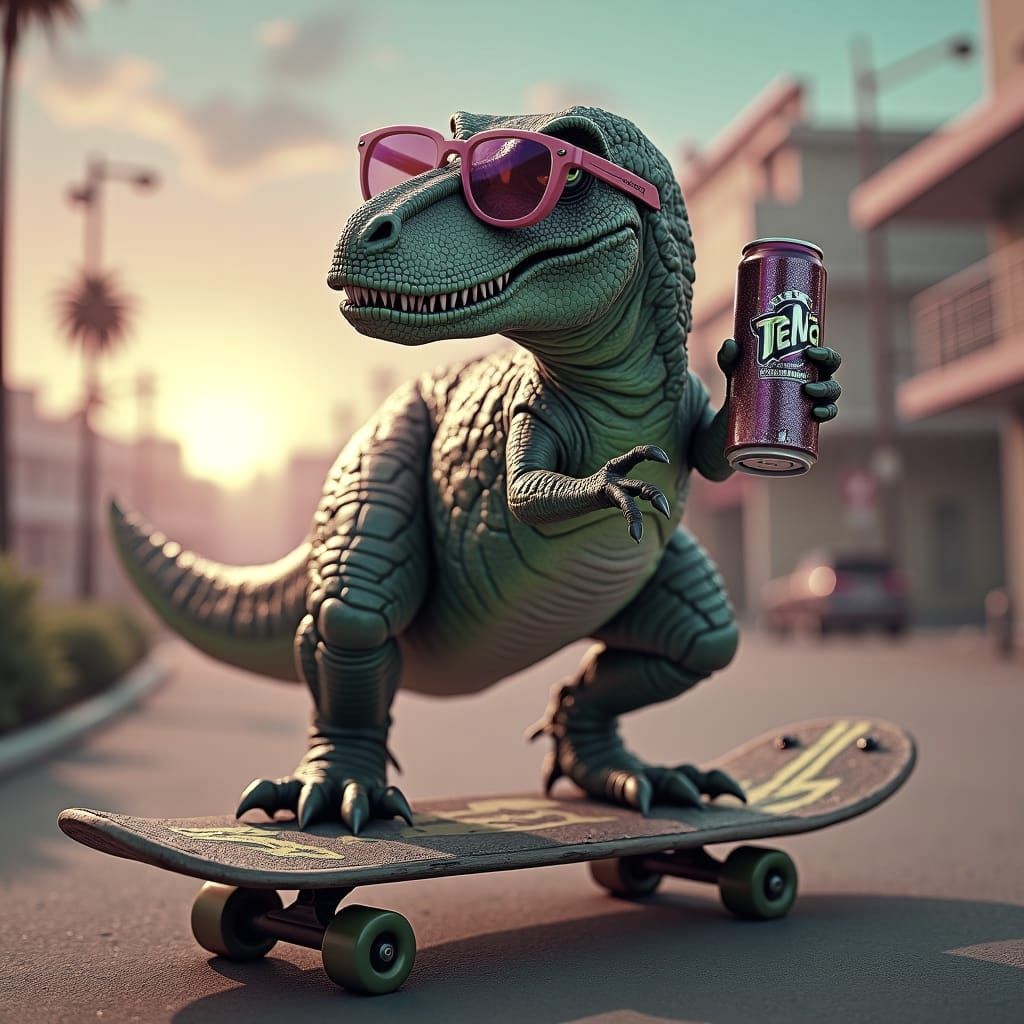 Retro T-Rex Skateboarder in Detailed Matte Painting