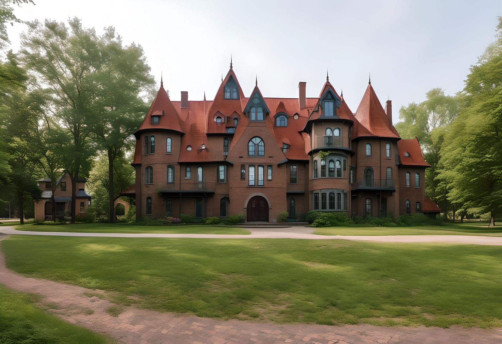 Brick House with Three-Story Turret and Arched Entrance