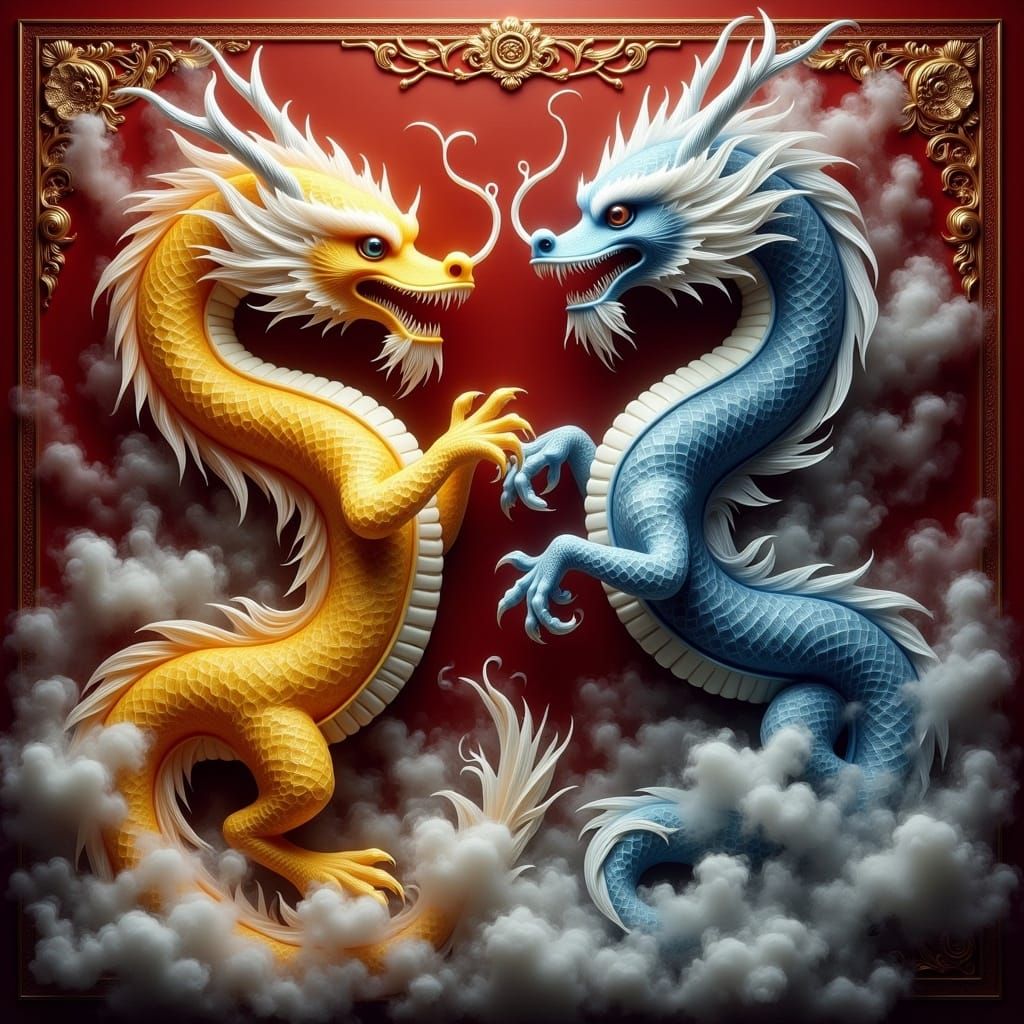 Chinese Dragons in Vibrant Imperial Yellow and Deep Blue