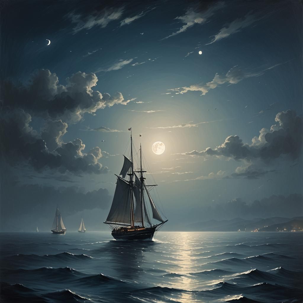 Moonlit Sailboat in Atmospheric Seascape Painting
